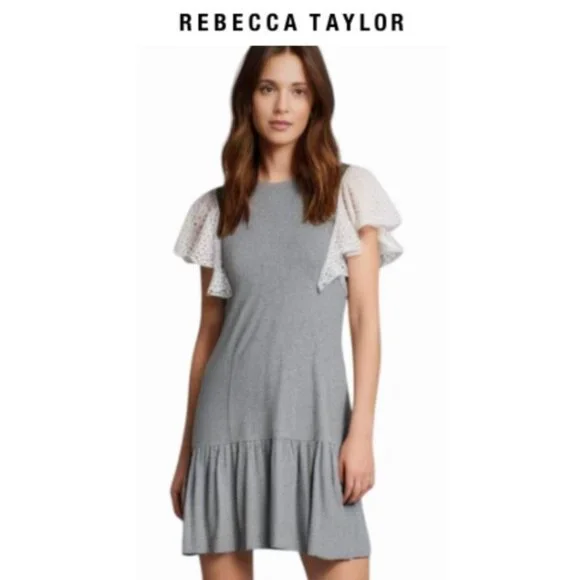 Rebecca Taylor White Eyelet Flutter Sleeve Tiered Mini Tee Dress Grey Casual XS - Picture 3 of 9